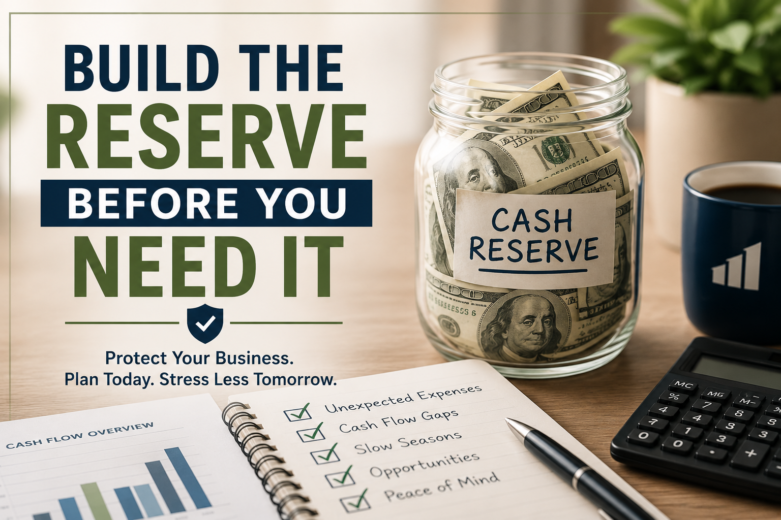 Business cash reserve concept featuring a jar of money, financial planning checklist, calculator, and cash flow chart encouraging businesses to build savings before unexpected expenses arise.
