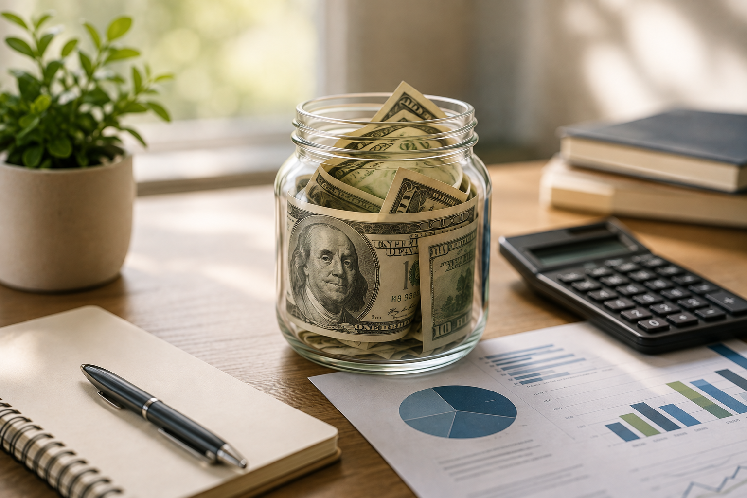 Business cash reserve concept featuring a jar of money, financial planning checklist, calculator, and cash flow chart encouraging businesses to build savings before unexpected expenses arise.