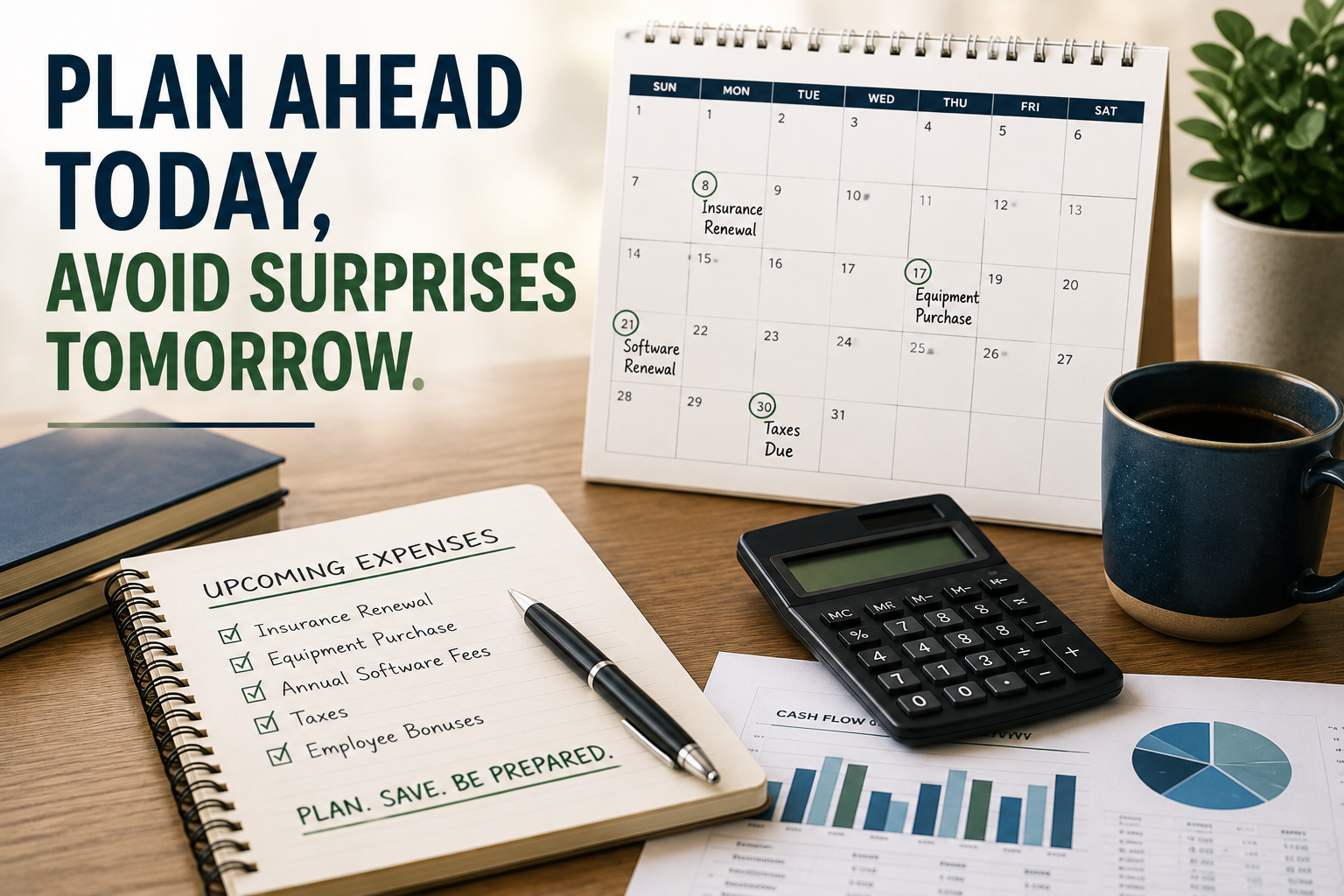 Business financial planning workspace with a calendar, upcoming expense checklist, calculator, and cash flow reports illustrating how planning ahead can prevent surprise expenses.