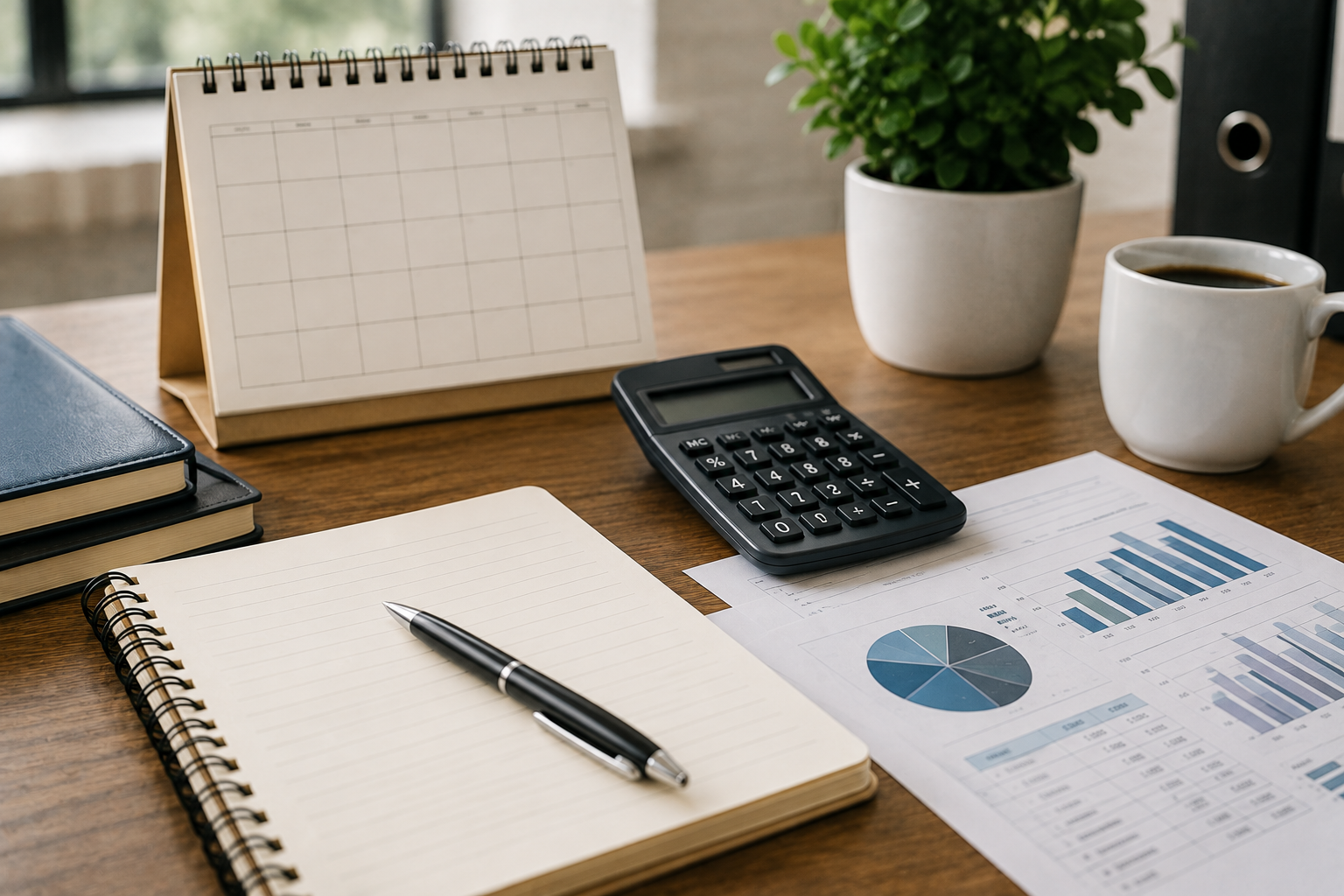 Business financial planning workspace with a calendar, upcoming expense checklist, calculator, and cash flow reports illustrating how planning ahead can prevent surprise expenses.