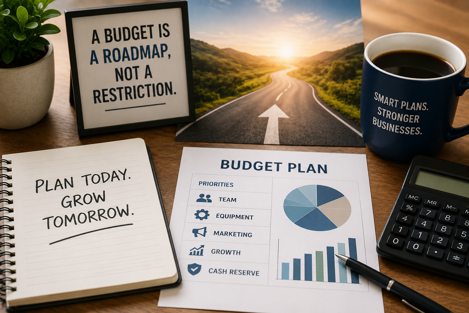 Business budgeting concept featuring a financial plan, calculator, growth chart, and road leading forward to illustrate how a budget can serve as a roadmap for business growth.