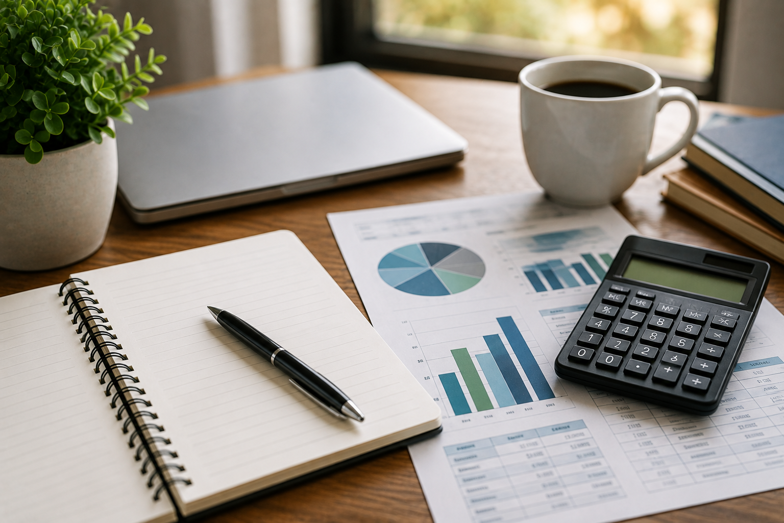Business budgeting concept featuring a financial plan, calculator, growth chart, and road leading forward to illustrate how a budget can serve as a roadmap for business growth.
