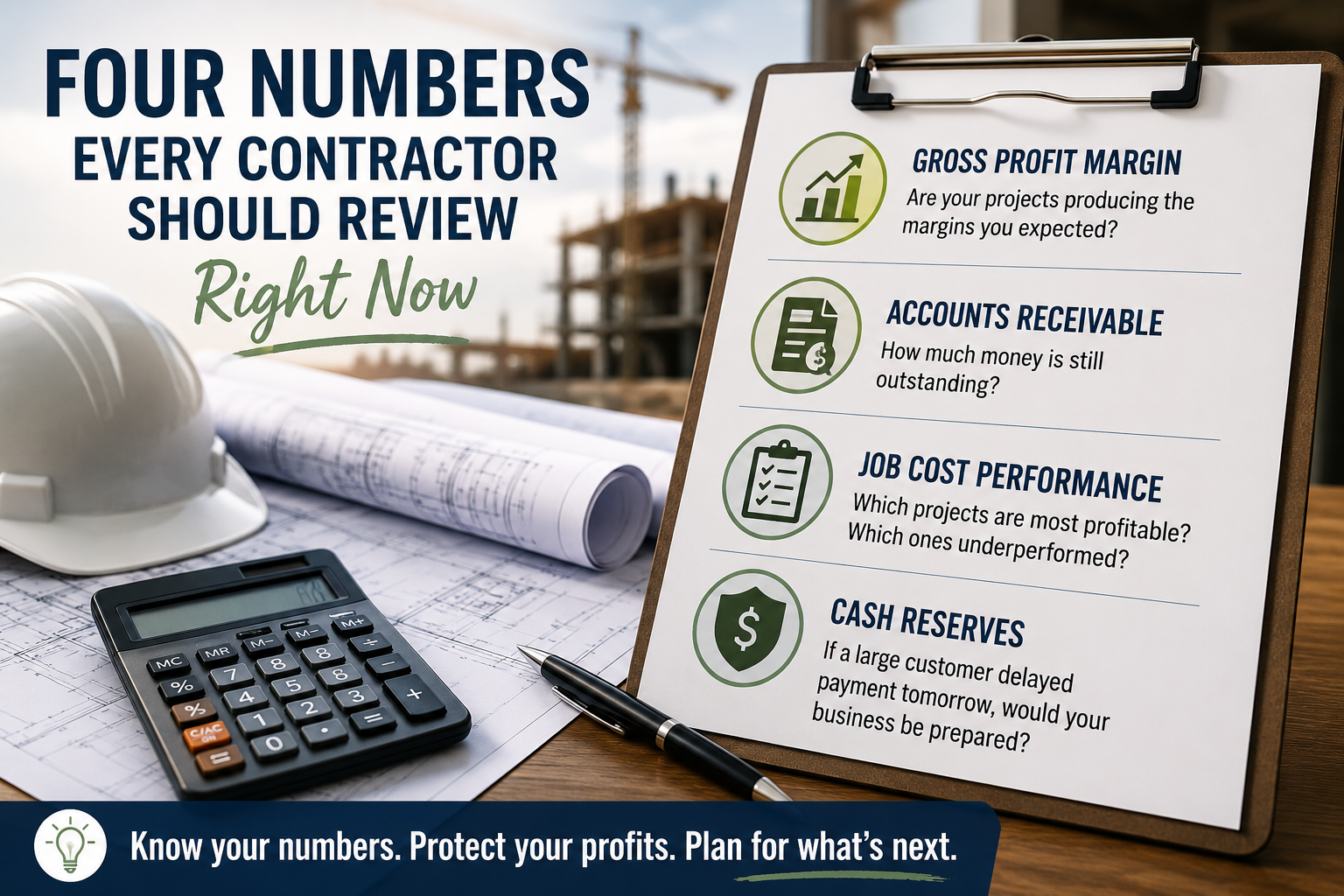 Contractor financial review featuring four key metrics: gross profit margin, accounts receivable, job cost performance, and cash reserves, alongside construction blueprints, a hard hat, and calculator.