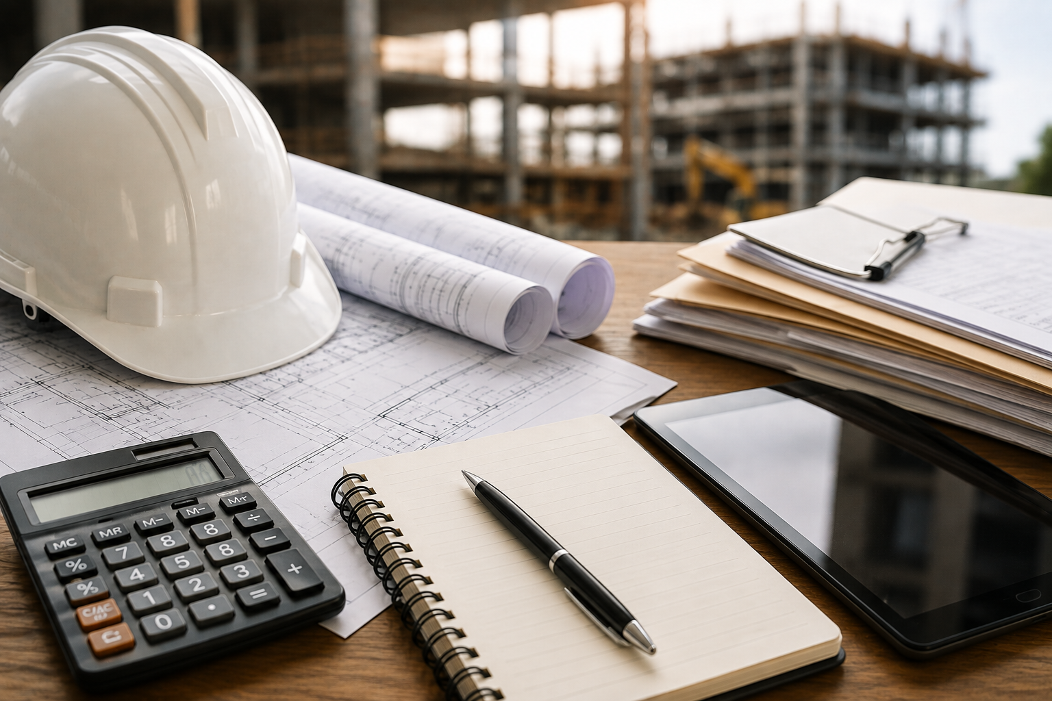 Contractor financial review featuring four key metrics: gross profit margin, accounts receivable, job cost performance, and cash reserves, alongside construction blueprints, a hard hat, and calculator.