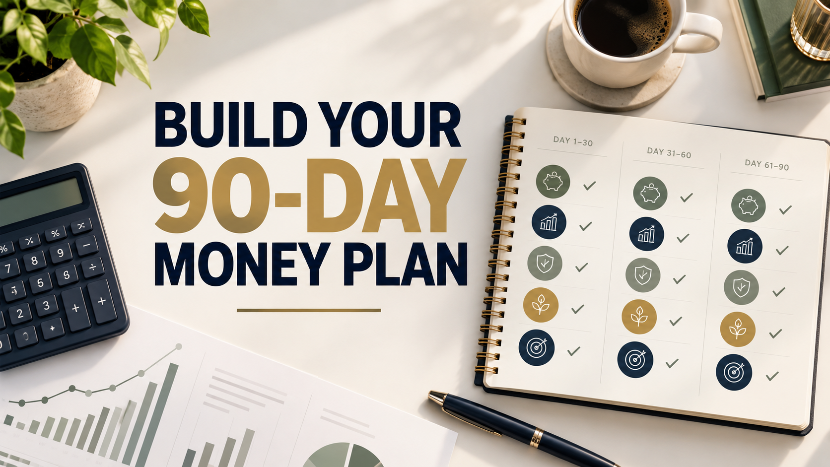 Build Your 90-Day Money Plan graphic featuring a financial planner, calculator, business charts, pen, and coffee on a professional desktop.