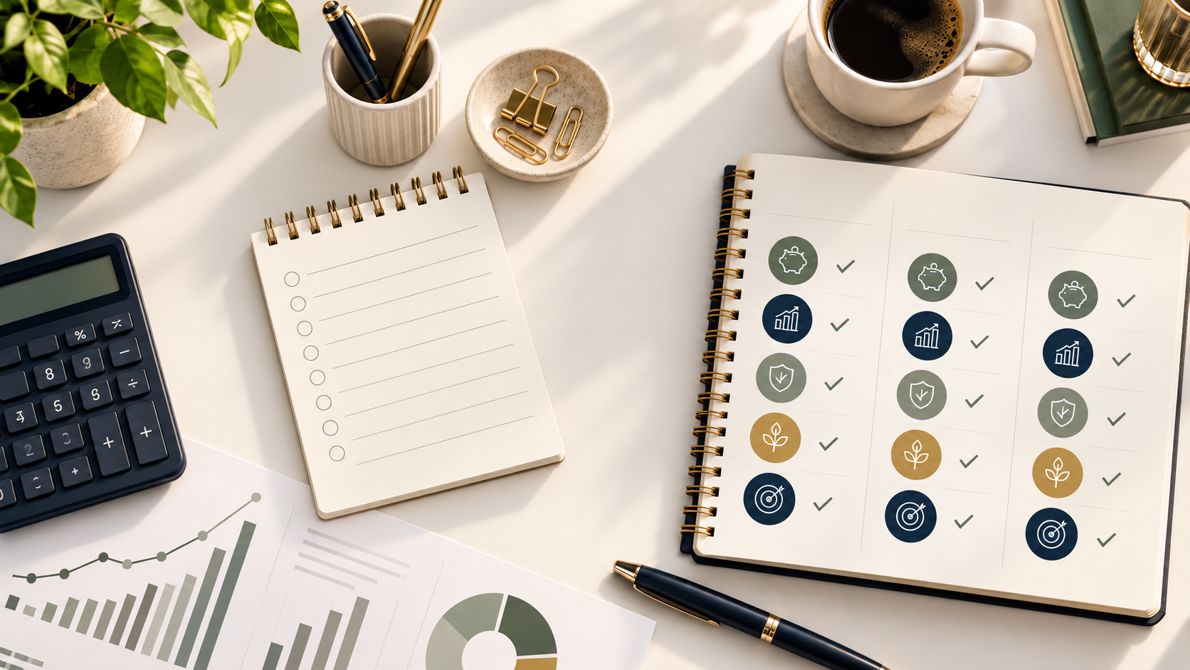 Build Your 90-Day Money Plan graphic featuring a financial planner, calculator, business charts, pen, and coffee on a professional desktop.