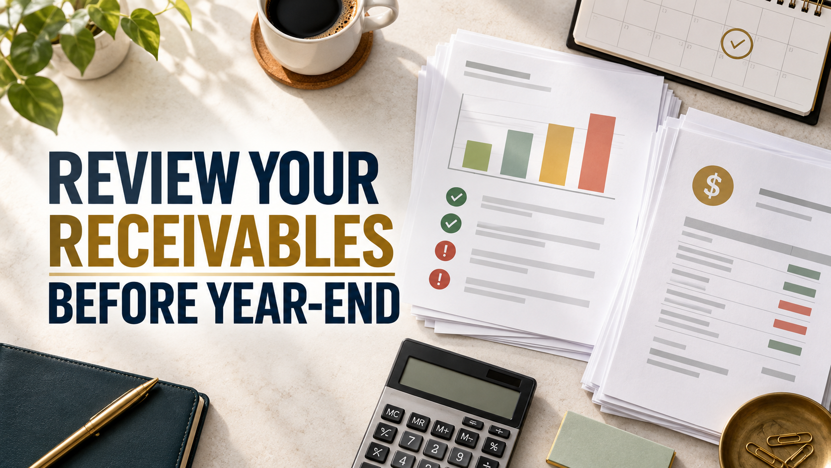 Review Your Receivables Before Year-End graphic featuring invoices, an aging chart, calculator, calendar, coffee, and office supplies on a professional desktop.