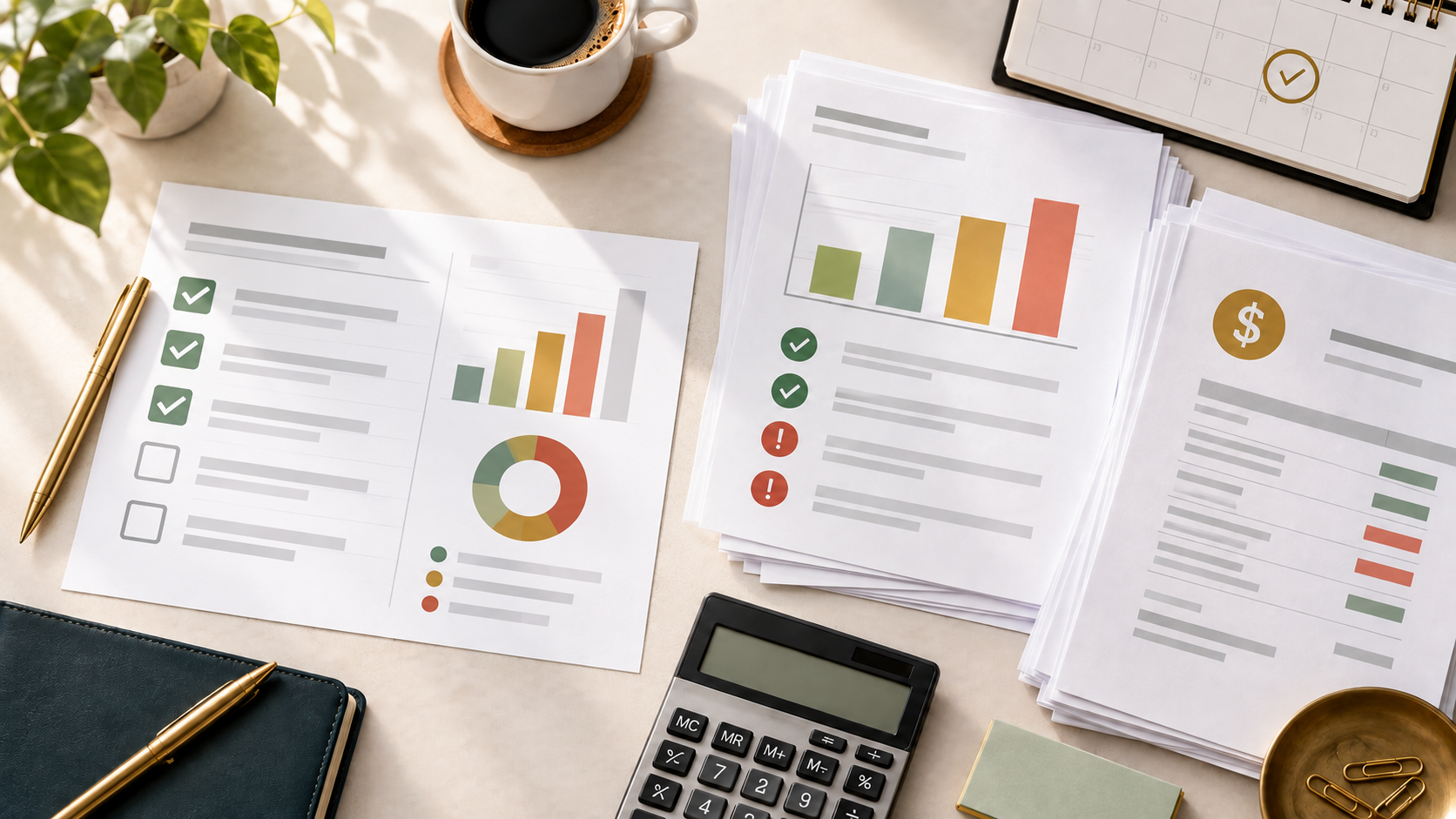 Review Your Receivables Before Year-End graphic featuring invoices, an aging chart, calculator, calendar, coffee, and office supplies on a professional desktop.