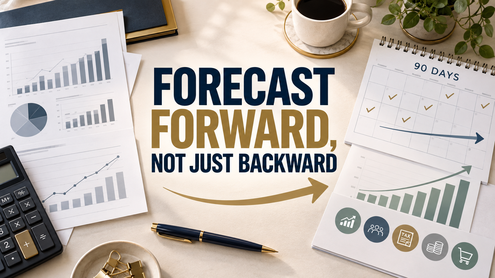 Forecast Forward, Not Just Backward graphic featuring financial reports, a 90-day calendar, growth projections, a calculator, and an arrow pointing forward.