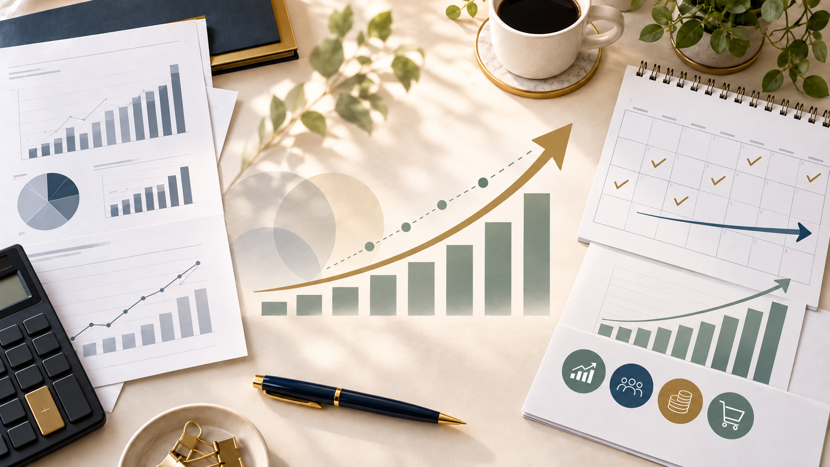 Forecast Forward, Not Just Backward graphic featuring financial reports, a 90-day calendar, growth projections, a calculator, and an arrow pointing forward.