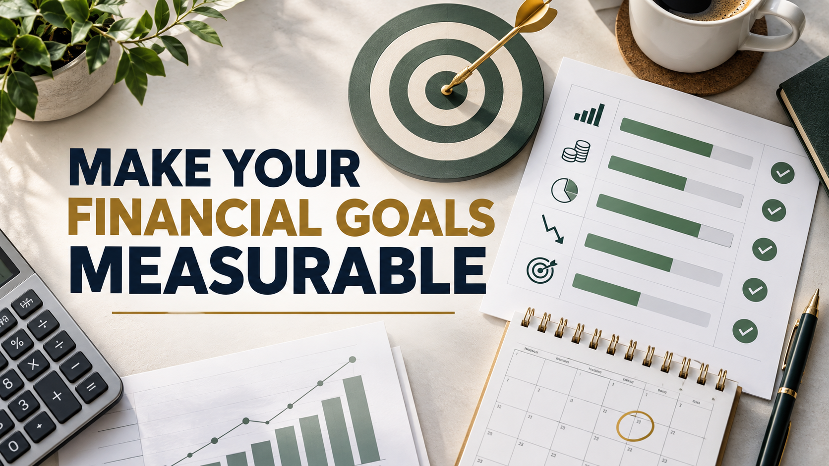 Make Your Financial Goals Measurable graphic featuring a target, progress tracker, deadline calendar, growth chart, calculator, and office supplies.
