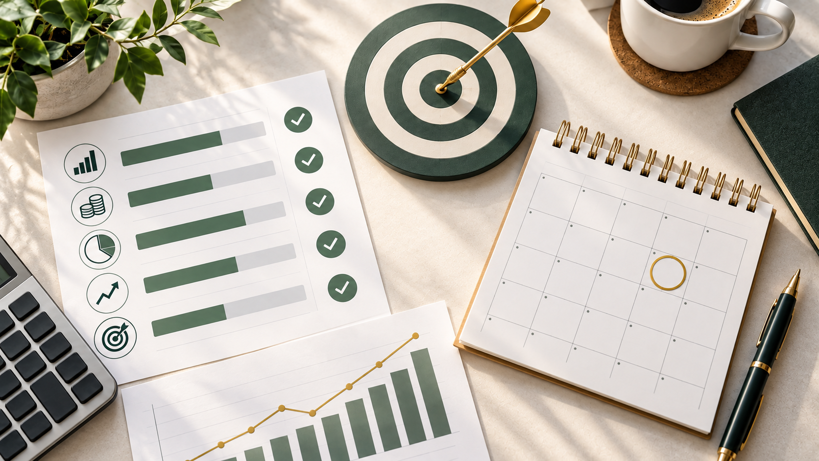 Make Your Financial Goals Measurable graphic featuring a target, progress tracker, deadline calendar, growth chart, calculator, and office supplies.