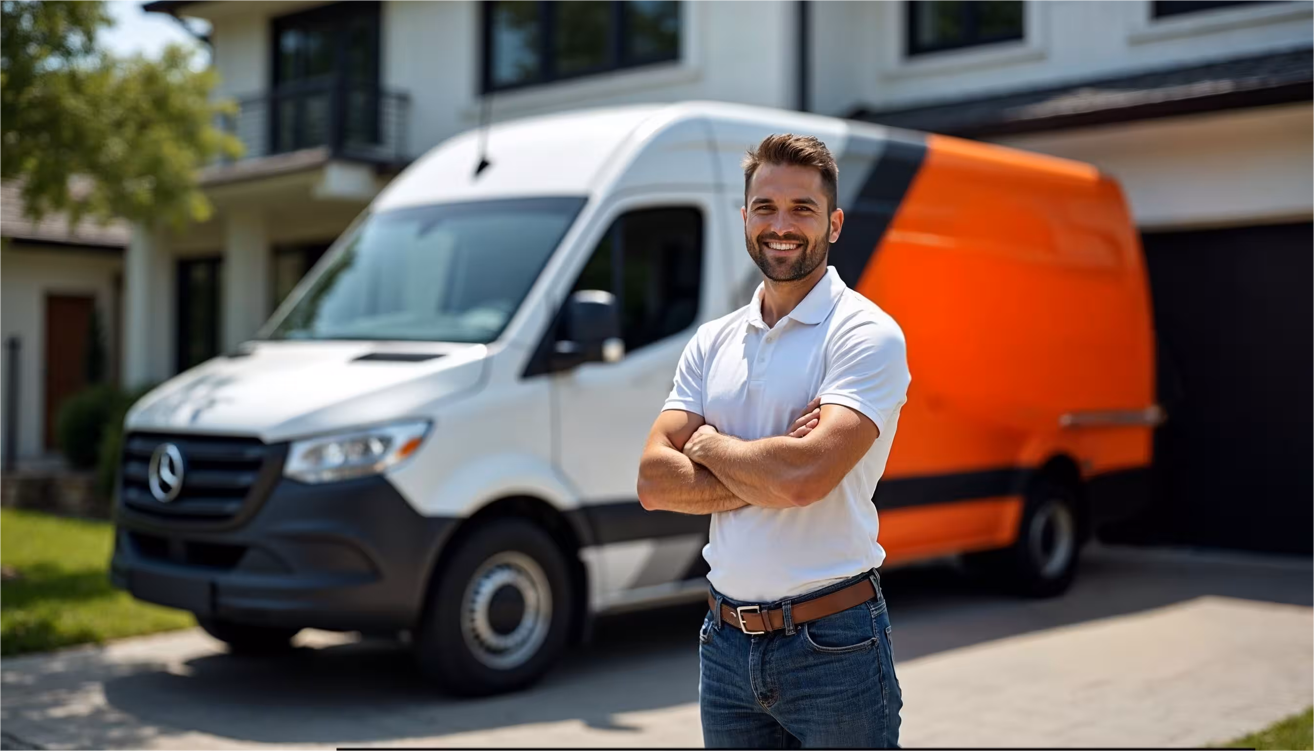 Fleet wrap technician posing in front of a wrapped orange and white service van — premium vehicle wraps in Salt Lake City by Electrified Wraps