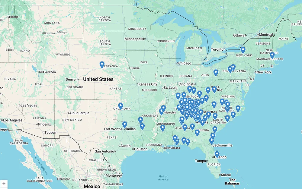 A map of the united states with pinpoints where Bock Construction has done work.