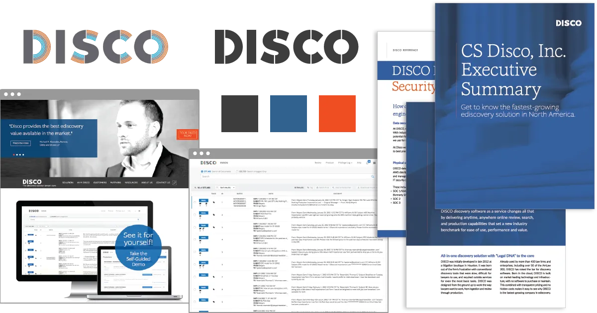 A selection of old DISCO branded material, including two non-matching versions of the logo, the website homepage, the DISCO app search screen, and three pieces of collateral.