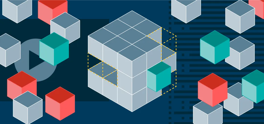 An illustration of floating multicolored cubes that join together like a puzzle to create one larger cube