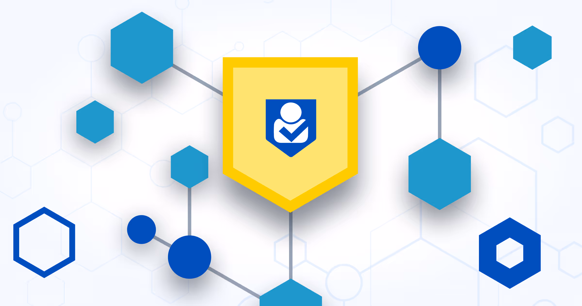 An abstract illustration of a yellow shield bearing the ID Dataweb icon, connecting to blue hexagons and circles