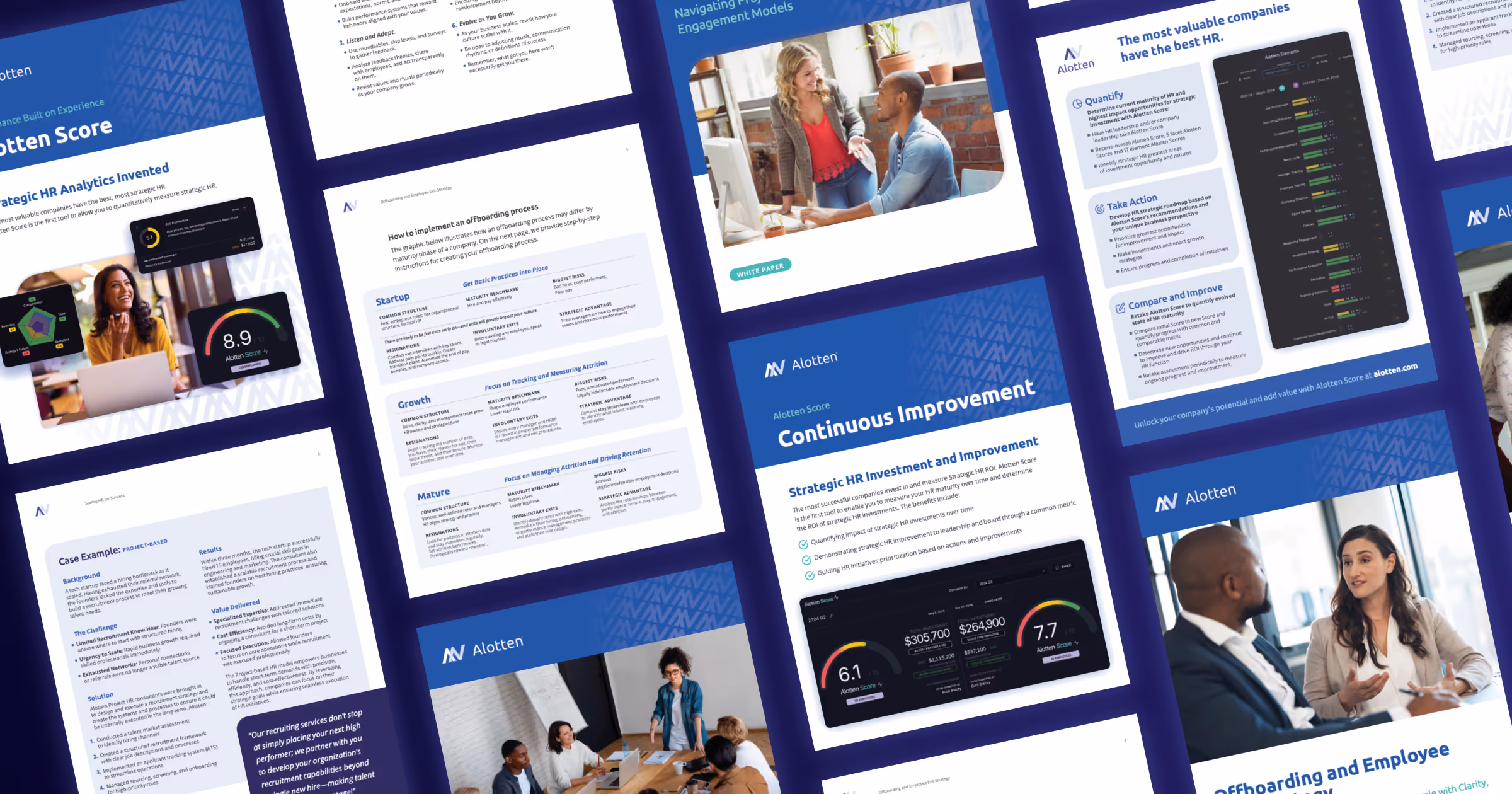 A collection of collateral one-pagers designed for Alotten