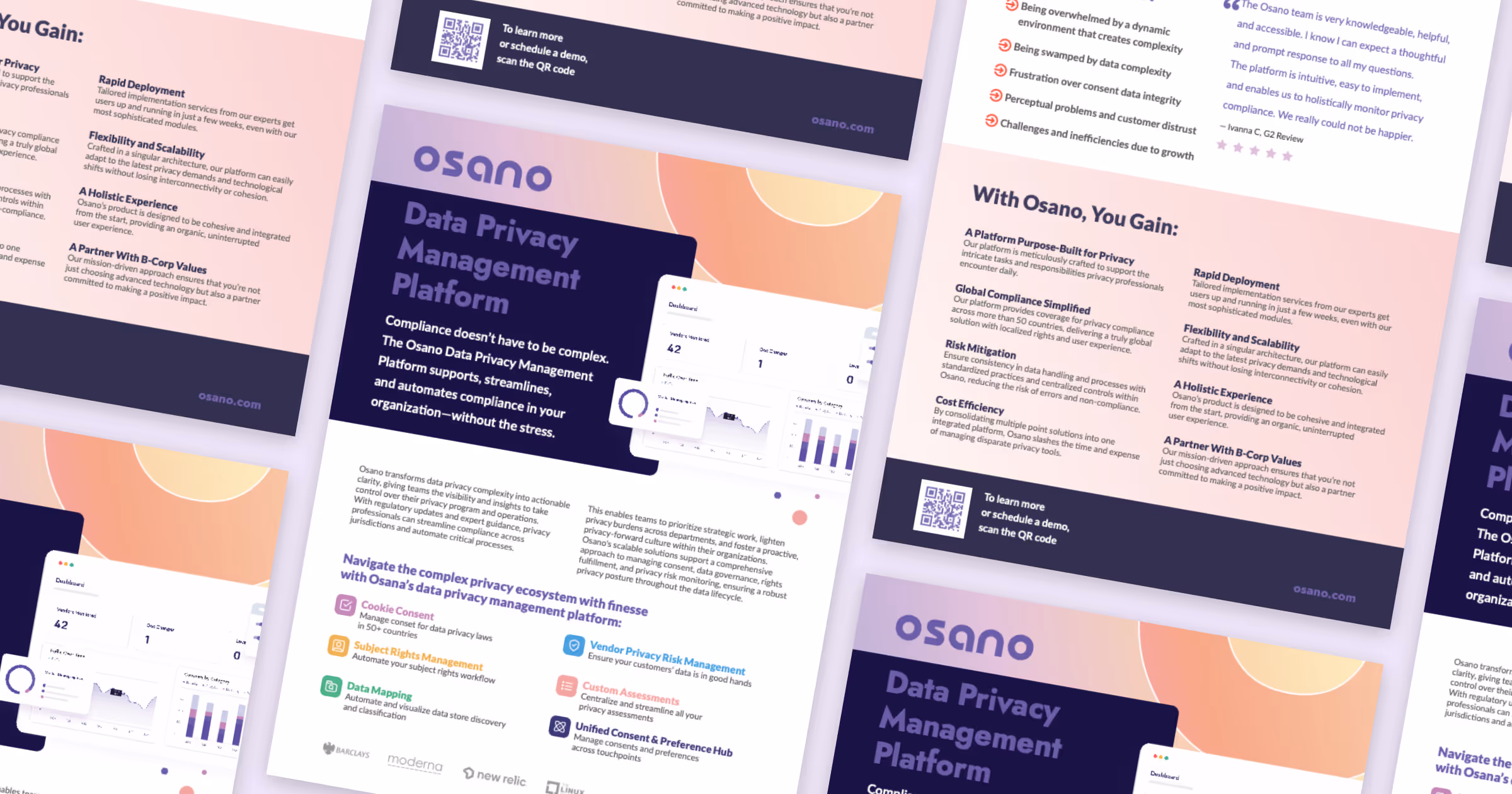 A collection of collateral one-pagers designed for Osano