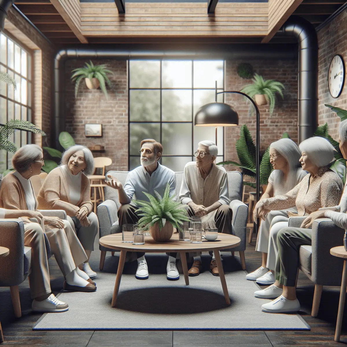Seniors gathered in cozy room with plants, talking and enjoying each other's company
