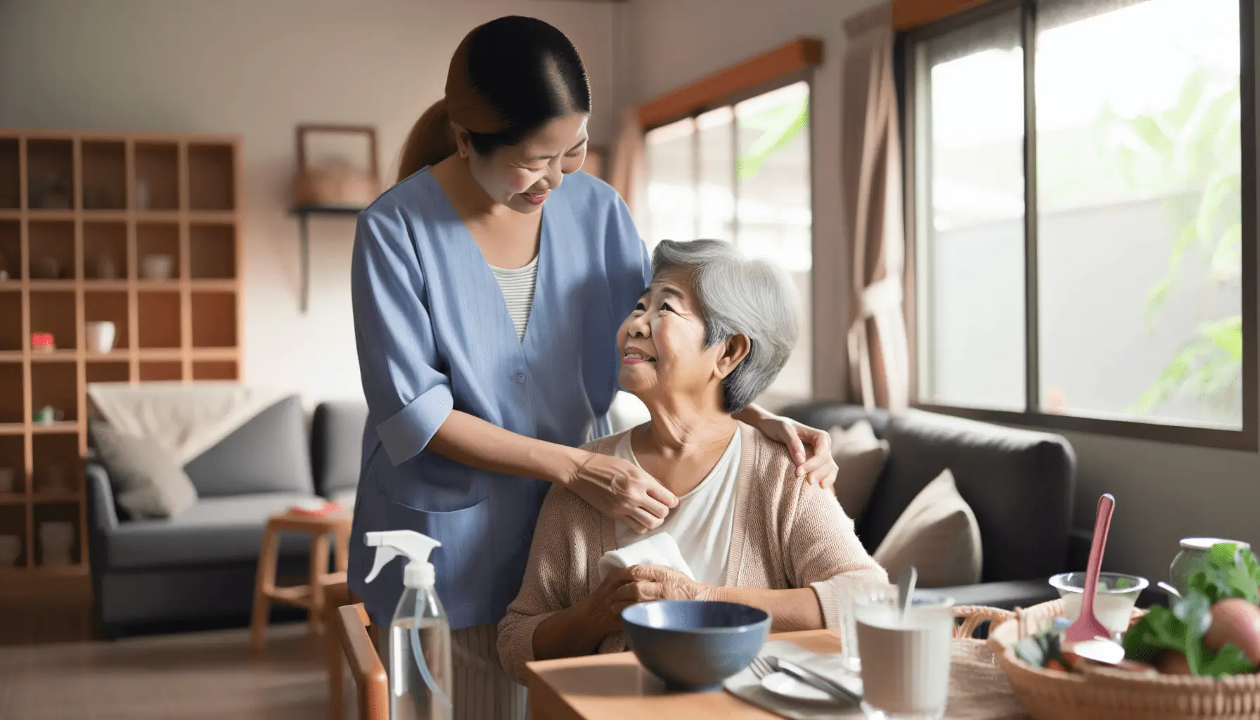 Caregiver comforts and supports elderly woman at home during mealtime