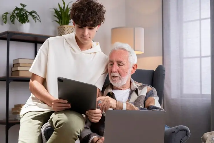 Young person helping elderly person use laptop in cozy home setting