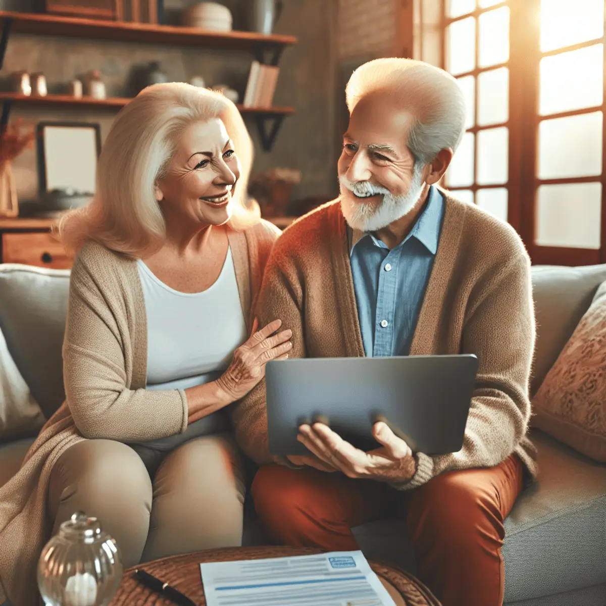 Older couple smiling together while using a laptop at home