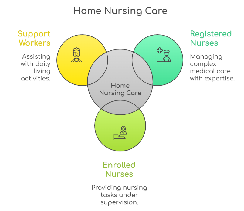 An infographic that illustrates what type of workers home nursing care might include