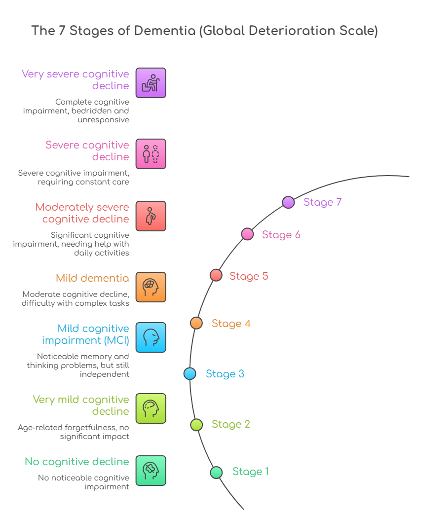 An infographic that illustrates the 7 stages of dementia