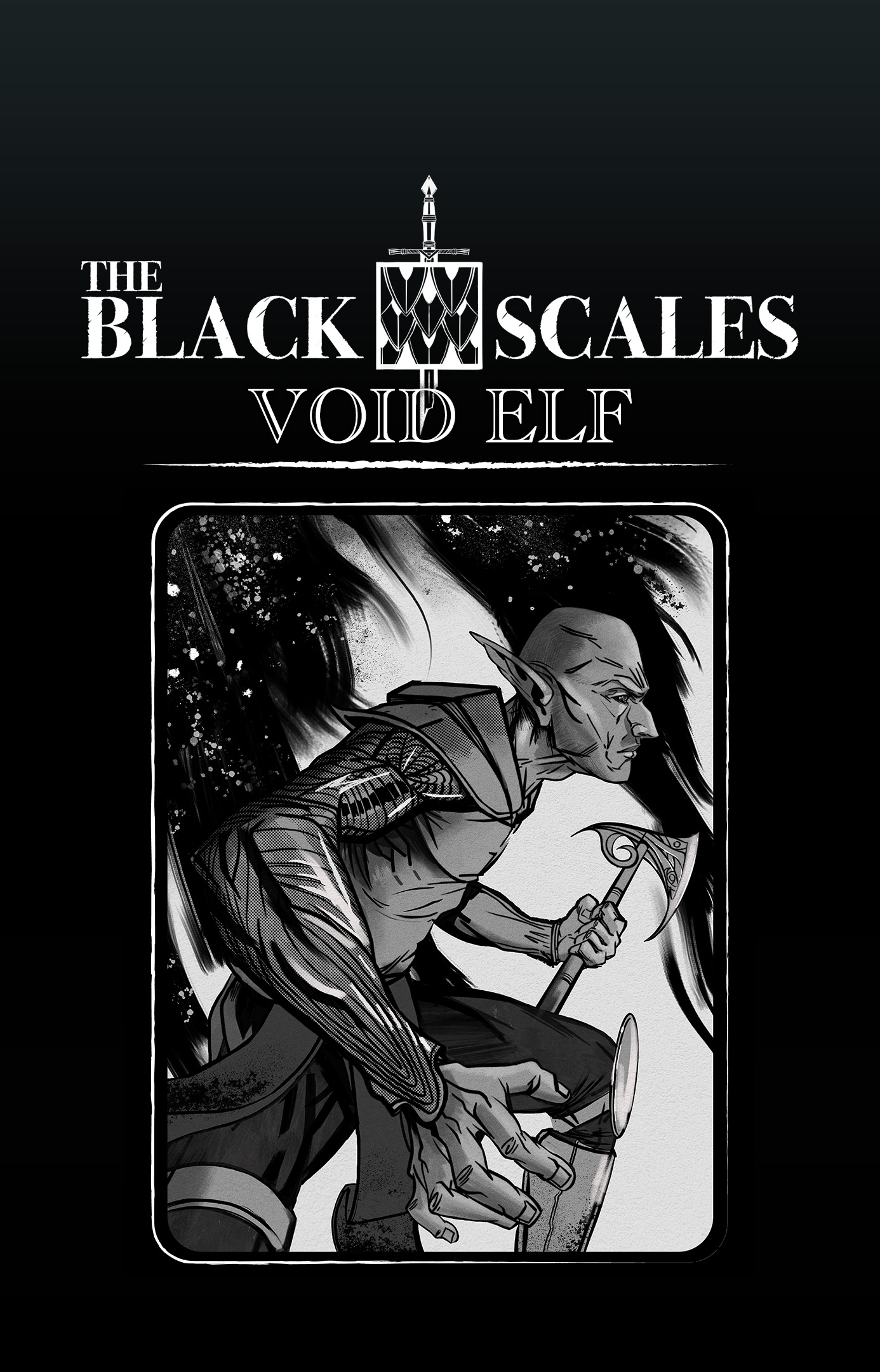 Void Elf character illustration featuring an elven warrior wielding a flowing, ornate axe, rendered in expressive ink with dramatic foreshortening and comic-book-inspired linework. A close-up sketch shows the character’s galaxy-like eyes.