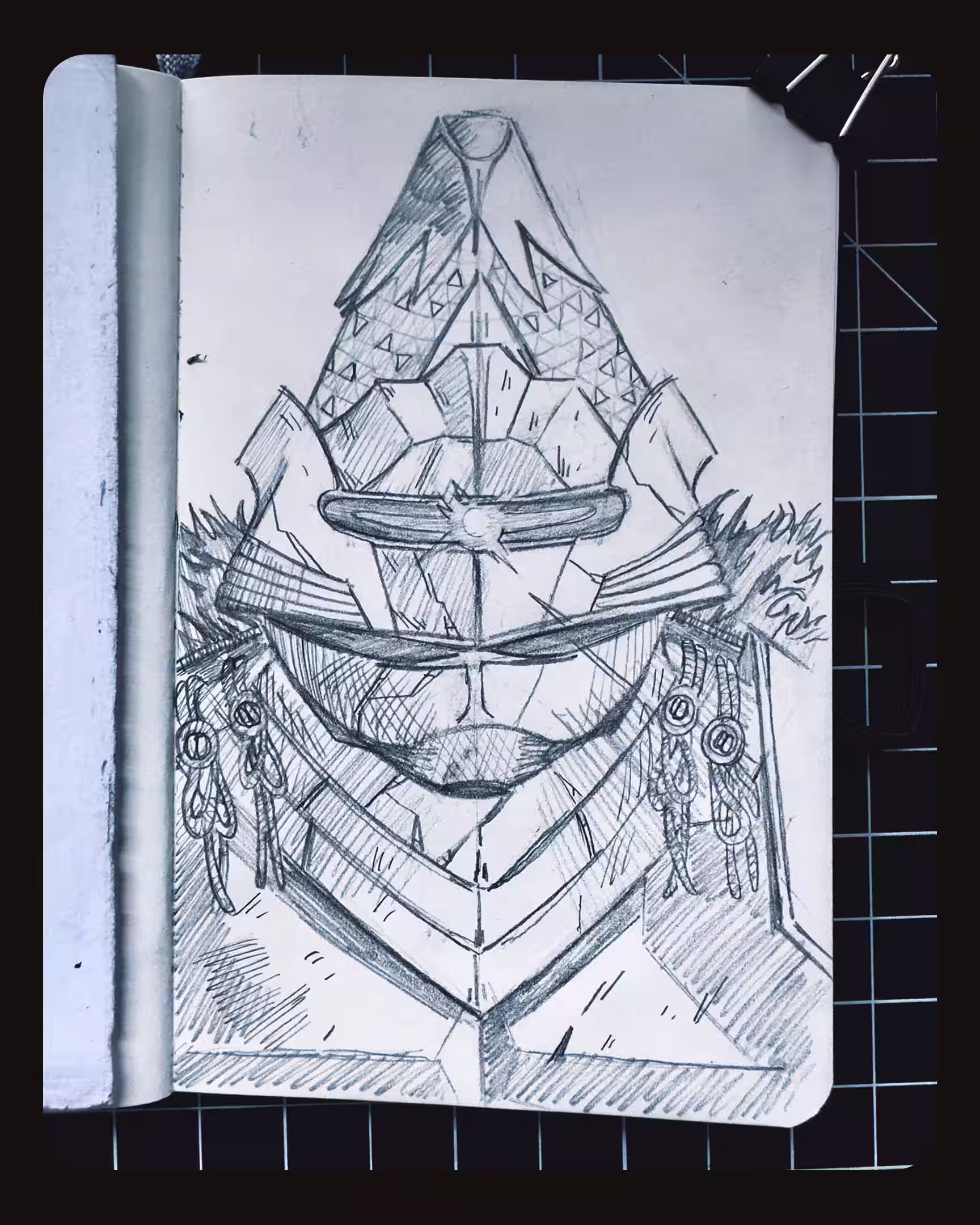 Dwarven power armor sketch inspired by mountain shapes and samurai armor