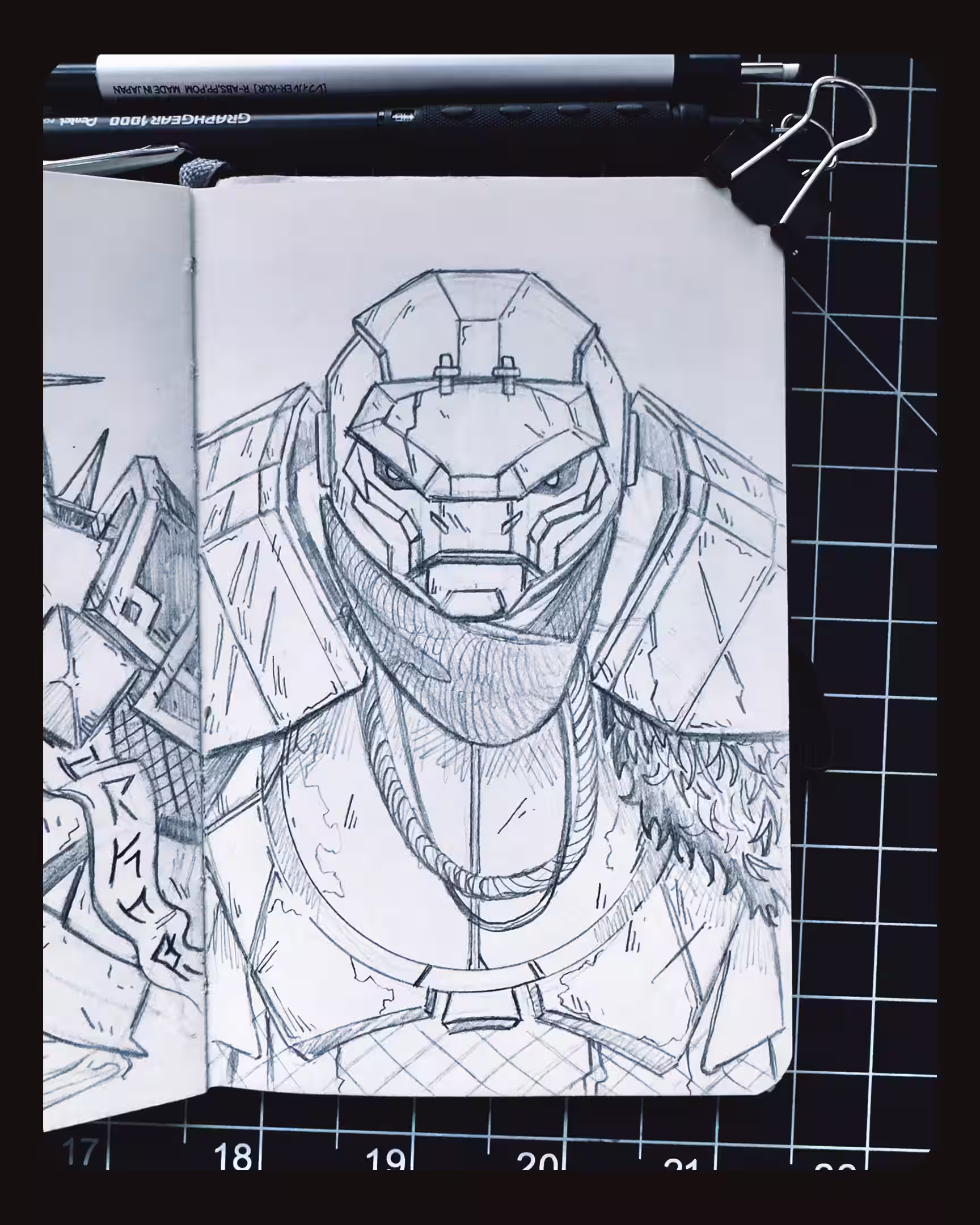 Dwarven power armor sketch inspired by the broad geometric shape of a boulder