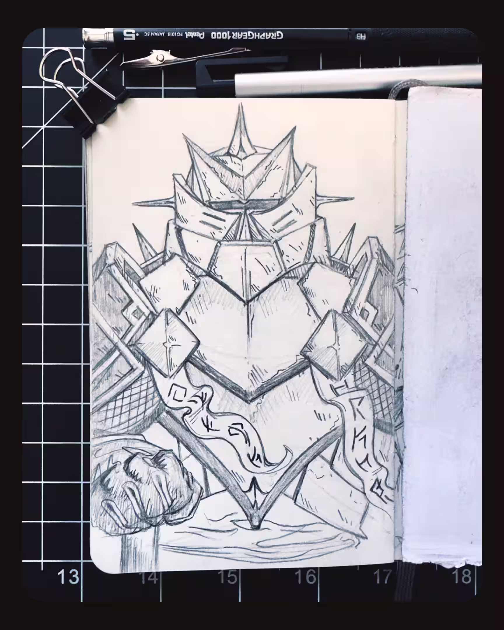 Dwarven power armor sketch exploring mace-inspired spikes and aggressive shapes