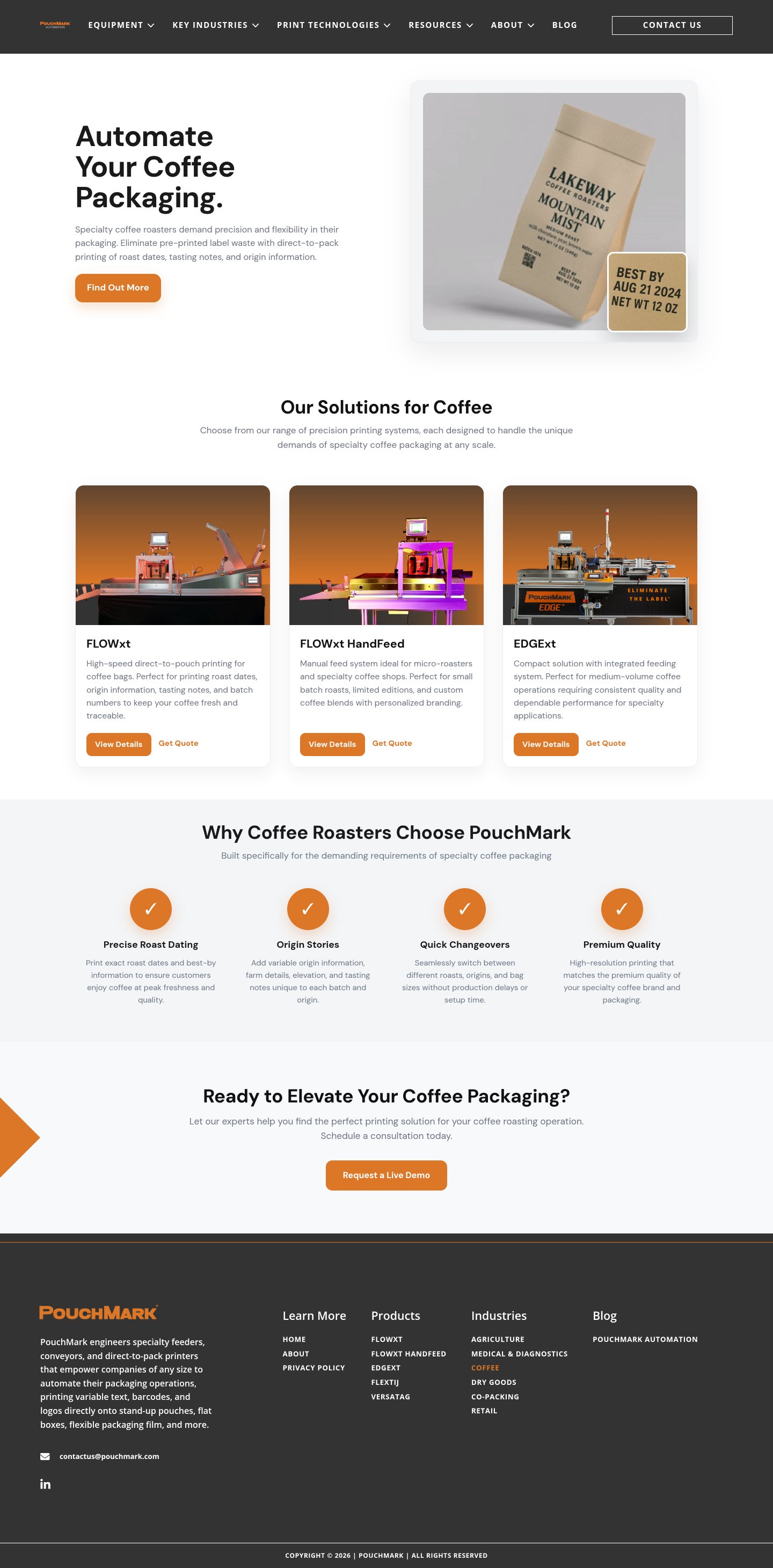 Full desktop layout of the PouchMark Coffee industry page