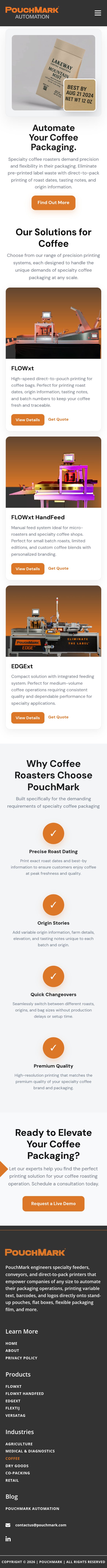 Full mobile layout of the PouchMark Coffee industry page
