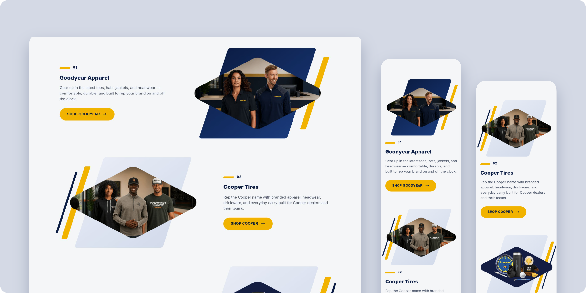 Goodyear Apparel and Cooper Tires rows on desktop and mobile