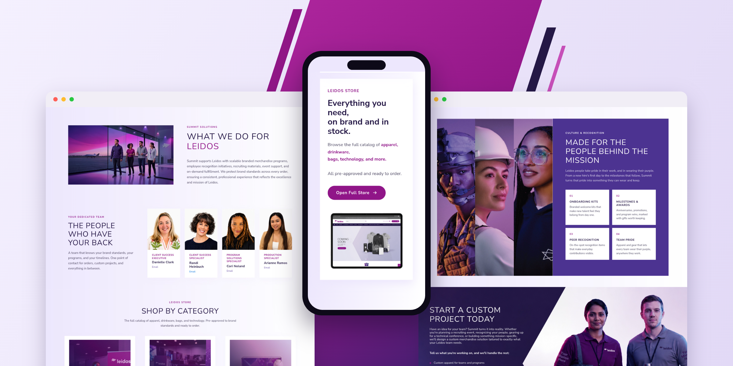 Leidos store banner on a phone, flanked by the What We Do and Culture and Recognition sections on desktop
