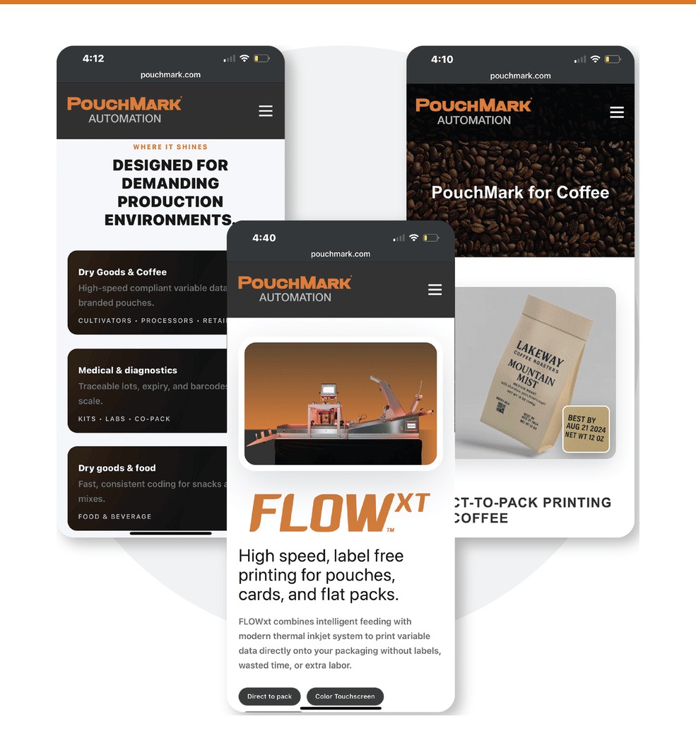 Three PouchMark mobile screens: industry cards, the FLOWxt product page, and the coffee page