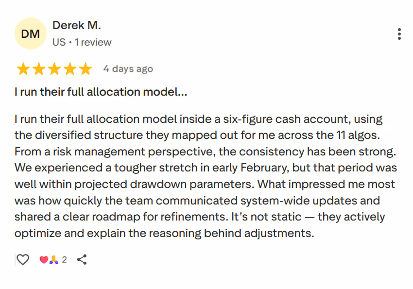Review by Derek M. praising a full allocation model with strong risk management and active team communication.