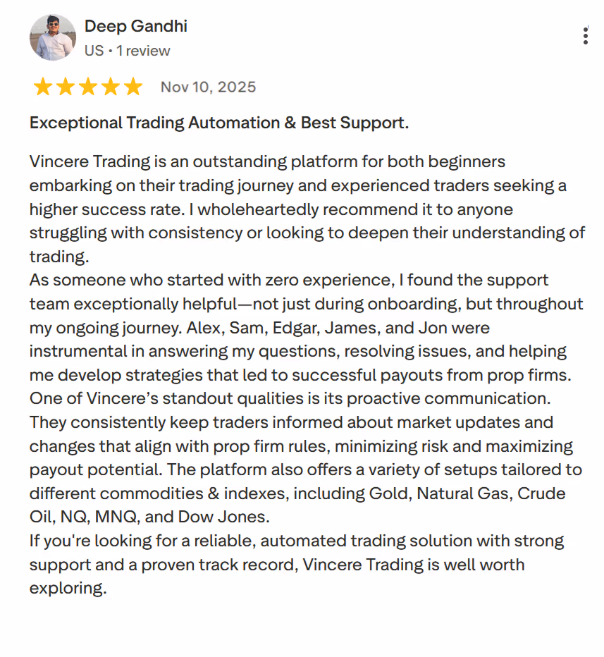 Five-star review by Deep Gandhi praising Vincere Trading for support, automation, and tailored commodity setups.