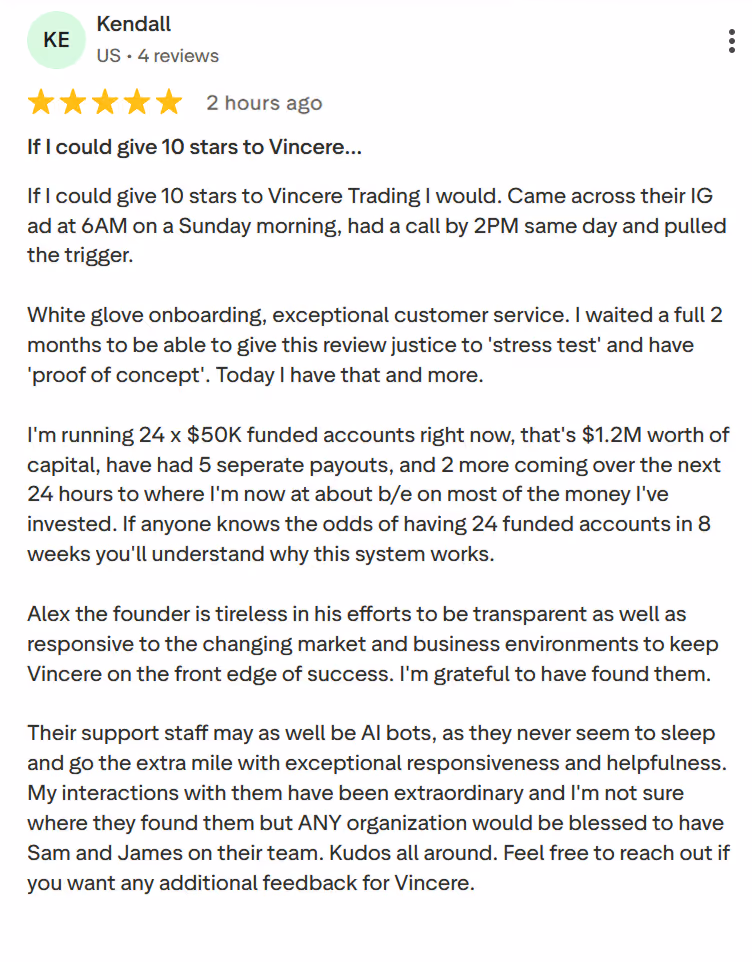 Five-star review by Kendall praising Vincere Trading's service, founder, and support team.