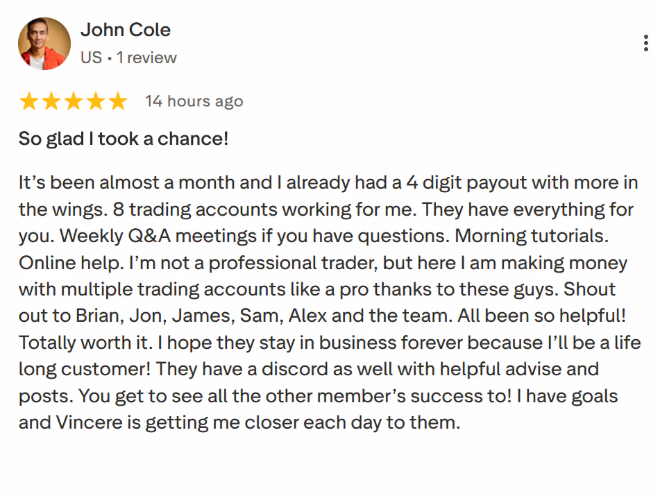 Review by John Cole with 5 stars praising trading accounts, support team, tutorials, and weekly Q&A sessions.