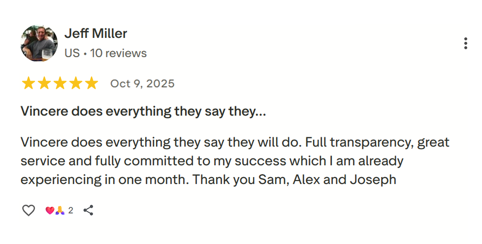 User review from Jeff Miller praising Vincere for transparency, service, and commitment to success.