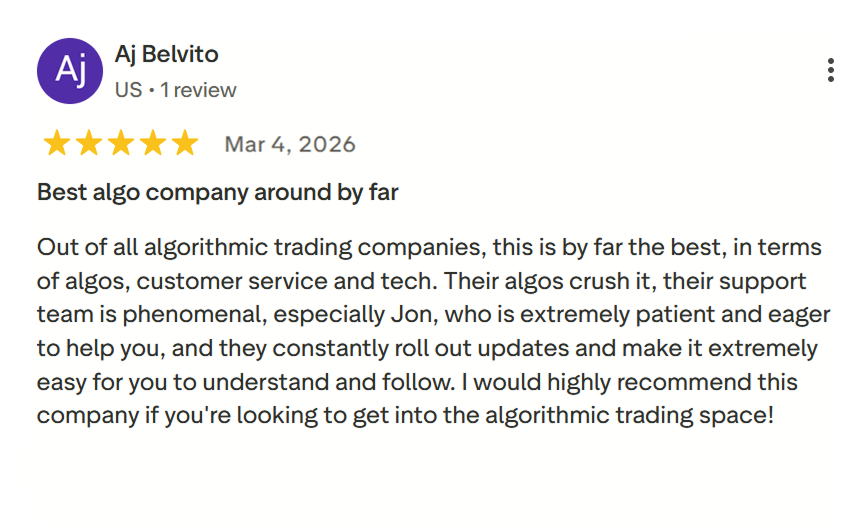Five-star review praising the algorithmic trading company, highlighting great algos, support, and updates.