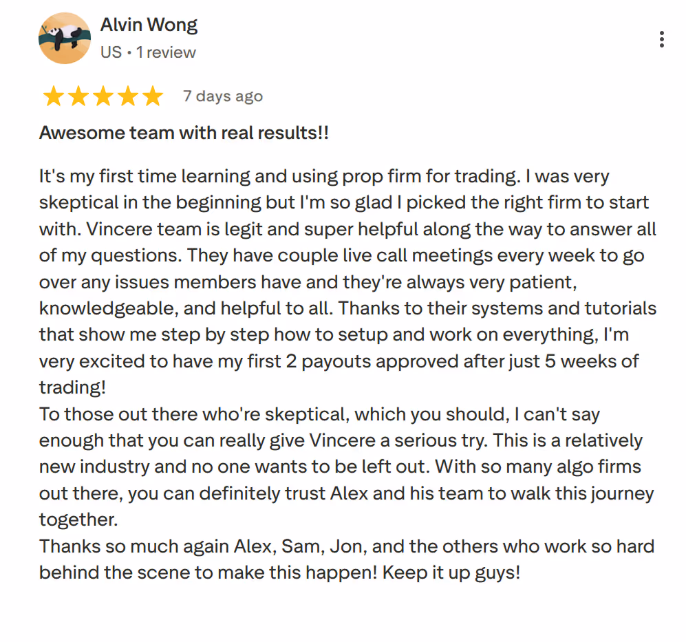 Five-star review by Alvin Wong praising Vincere's trading support, tutorials, and responsive team.