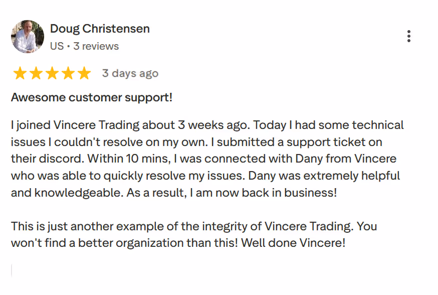 Customer Doug Christensen from US gives a 5-star review praising Vincere Trading's quick, helpful, and knowledgeable support.