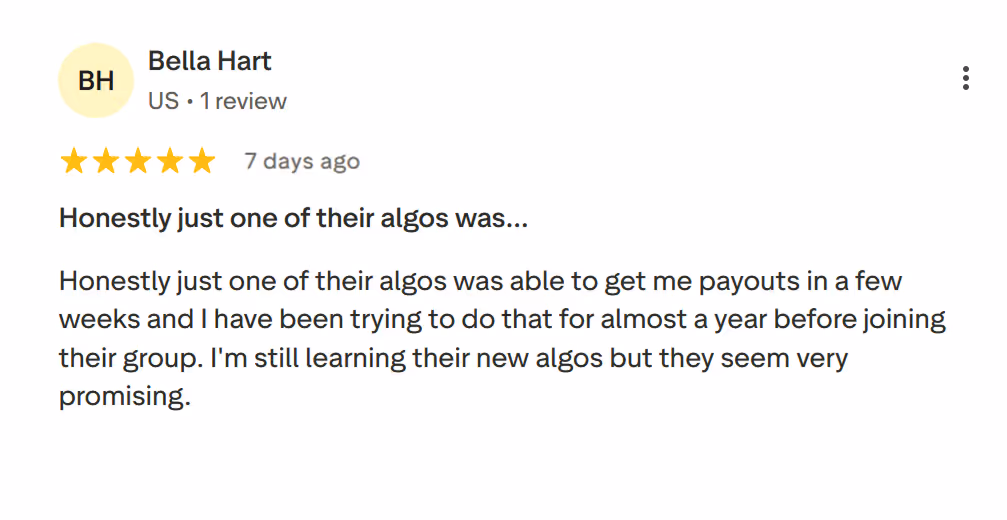 Review by Bella Hart with five stars praising algorithms for quick payouts and promising results.