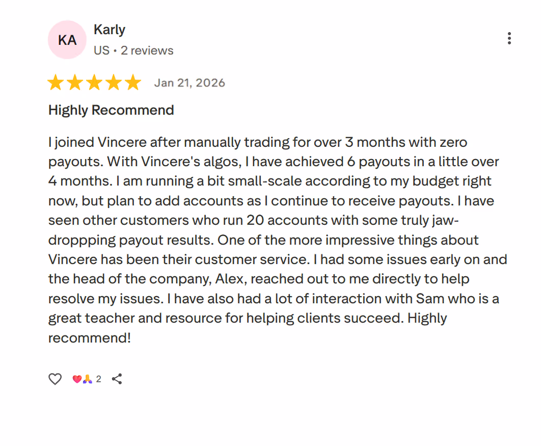 Five-star review by Karly praising Vincere's trading algos and excellent customer service.