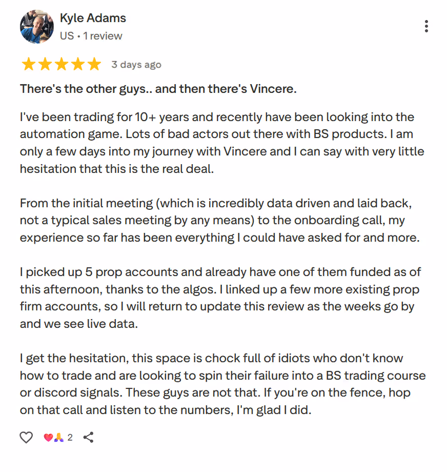 Review by Kyle Adams praising Vincere for its data-driven onboarding and effective trading algorithms.