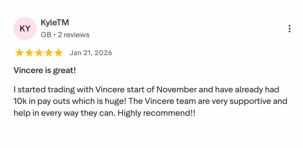 Review from KyleTM giving Vincere five stars, praising payouts, support, and recommending the service.
